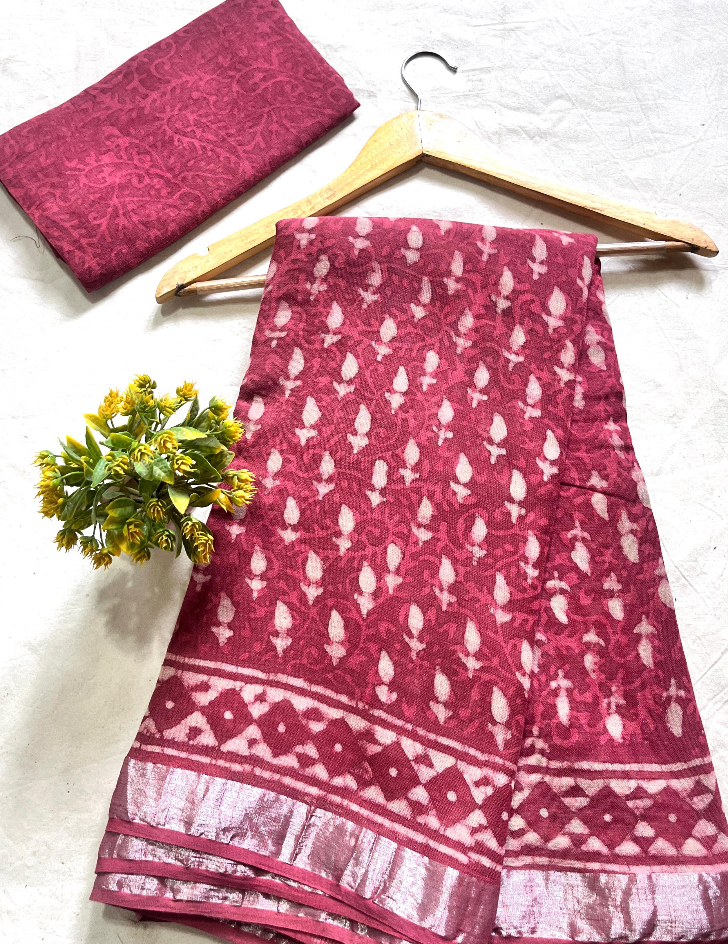 Pink Paisley Booty Saree – Premium wholesale cotton linen handblock saree for retailers and boutiques